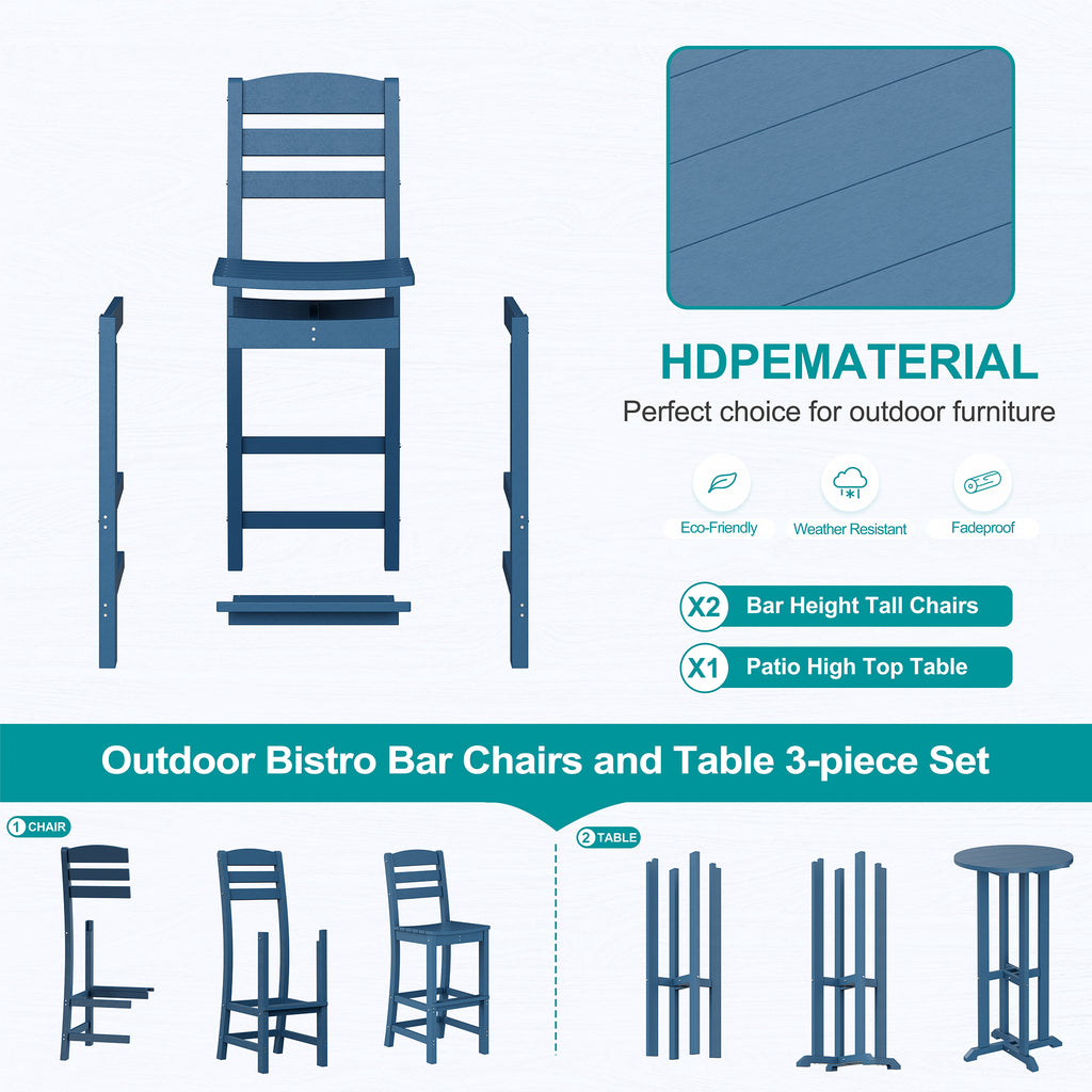 Vongrasig 3 Piece Patio Bar Set, All Weather HDPE High Bistro Stools Chair Set of 2 and Round Pub Bar Table, Outdoor High Top Patio Set for Lawn Garden, Balcony