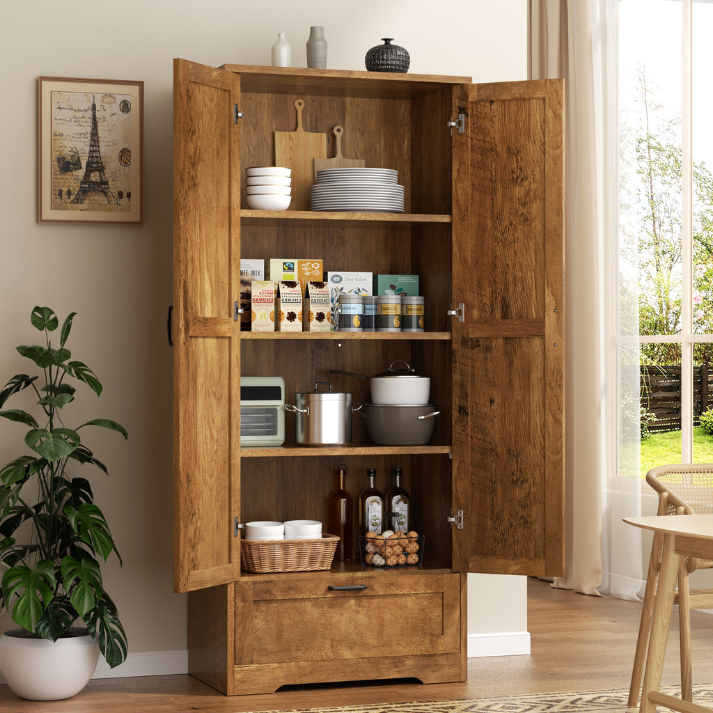 Vongrasig Kitchen Pantry Storage Cabinet with Barn Doors, Drawer and Adjustable Shelves, 4-Tier Tall Rustic Wood Cupboard Locker for Kitchen, Living Room, Bathroom, Dining Room