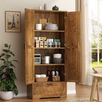 Vongrasig Kitchen Pantry Storage Cabinet with Barn Doors, Drawer and Adjustable Shelves, 4-Tier Tall Rustic Wood Cupboard Locker for Kitchen, Living Room, Bathroom, Dining Room
