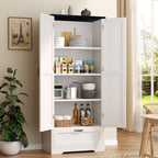 Vongrasig Kitchen Pantry Storage Cabinet with Barn Doors, Drawer and Adjustable Shelves, 4-Tier Tall Rustic Wood Cupboard Locker for Kitchen, Living Room, Bathroom, Dining Room