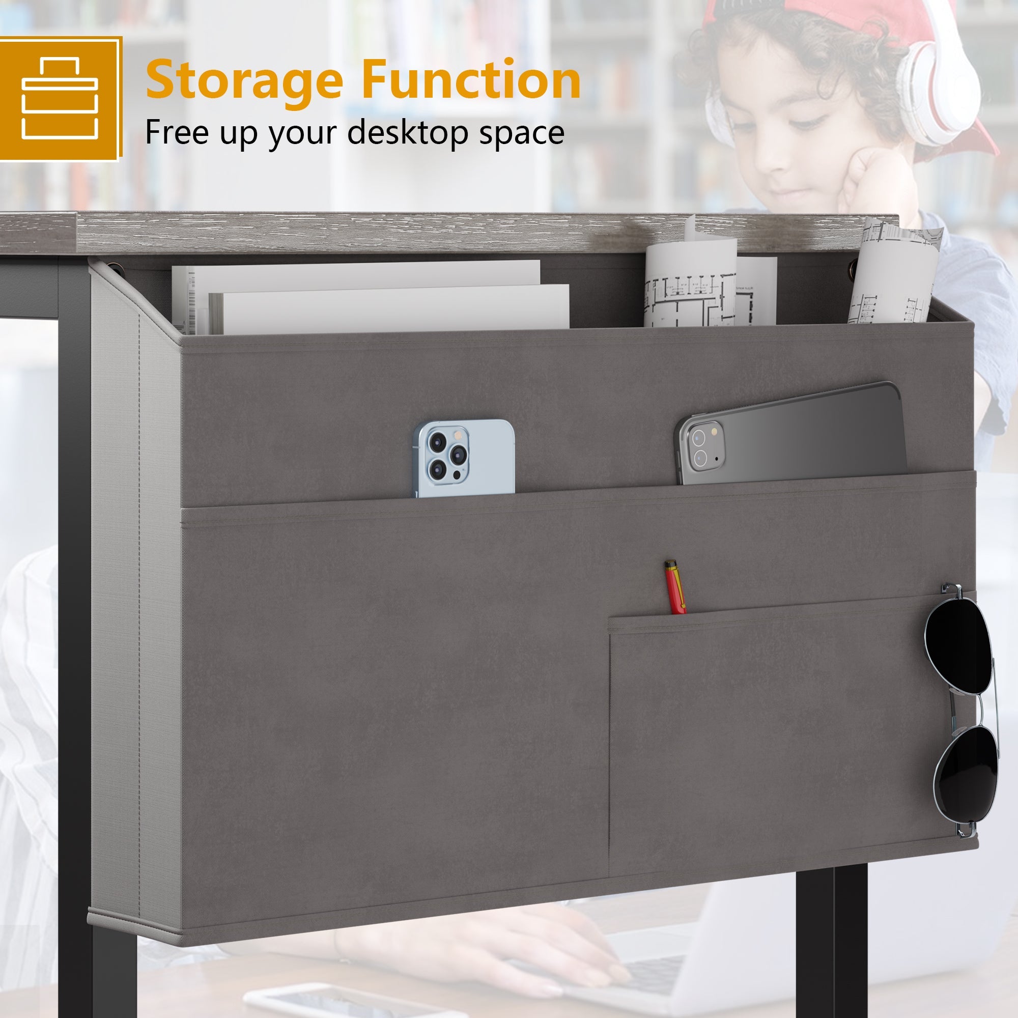 Walsunny 55 inch Home Office Desk with Storage Bag, Study Workstation Modern Simple Design, Student Writing Desk, Office Working Desk, Gray (7346039357616)