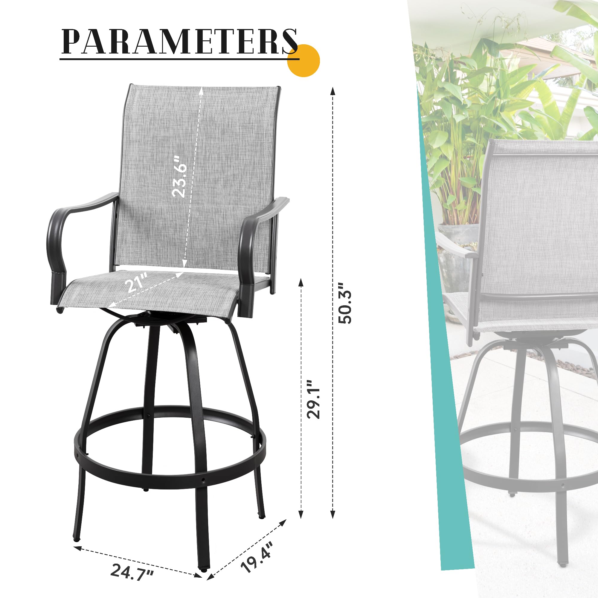 Vongrasig 2 Piece Patio Swivel Bar Chairs, All Weather Metal Textile High Swivel Bar Stools Chairs, Outdoor High Top Bistro Set for Backyard, Lawn Garden, Balcony