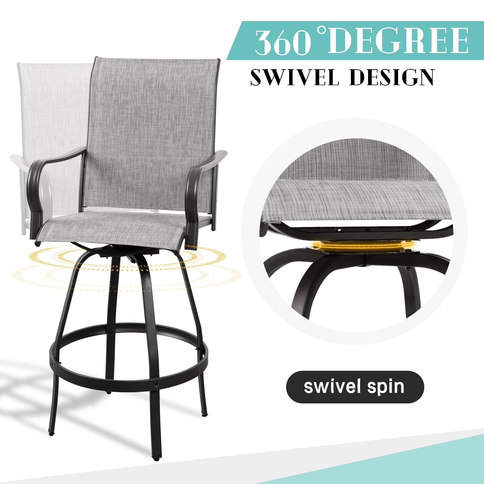 Vongrasig 2 Piece Patio Swivel Bar Chairs, All Weather Metal Textile High Swivel Bar Stools Chairs, Outdoor High Top Bistro Set for Backyard, Lawn Garden, Balcony