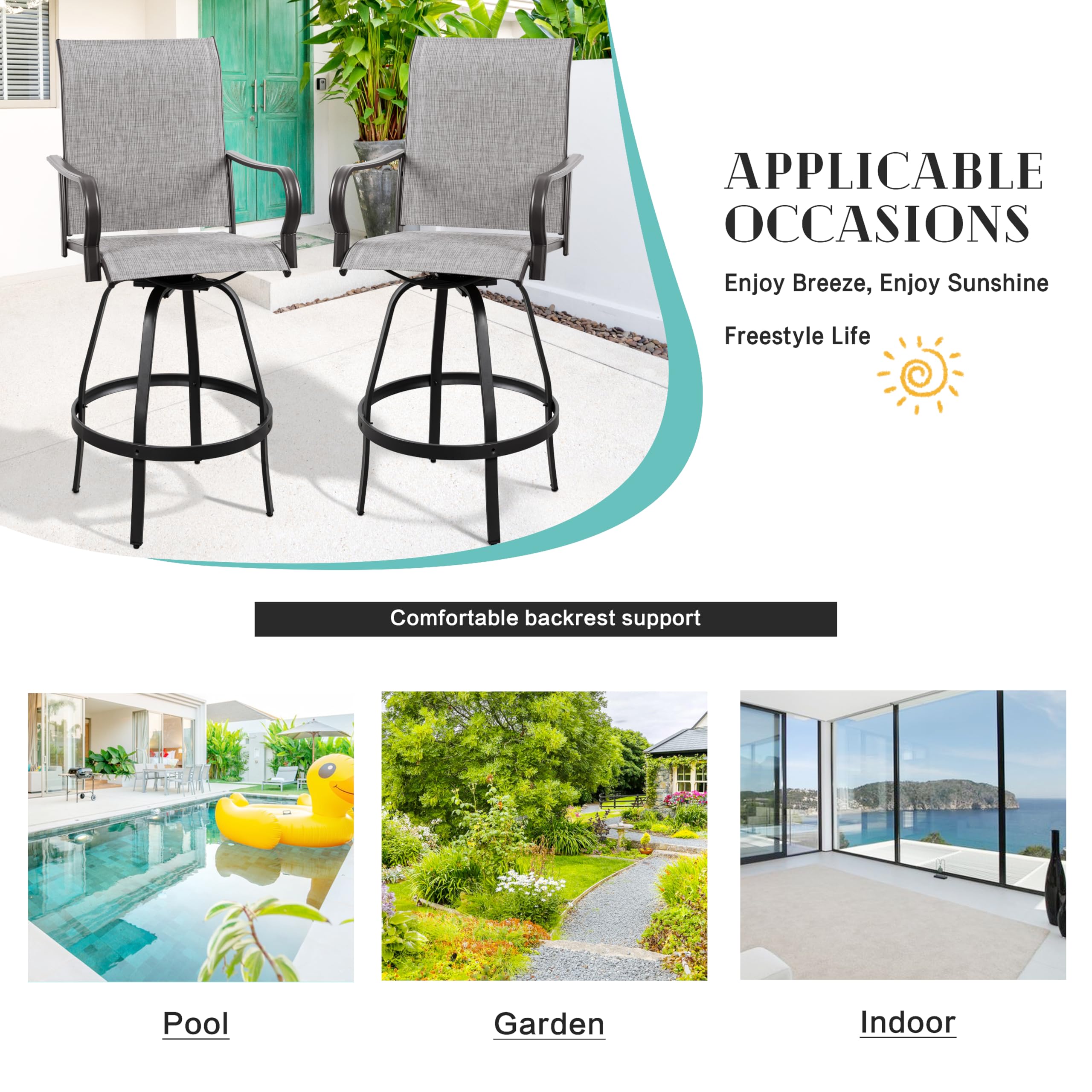 Vongrasig 2 Piece Patio Swivel Bar Chairs, All Weather Metal Textile High Swivel Bar Stools Chairs, Outdoor High Top Bistro Set for Backyard, Lawn Garden, Balcony