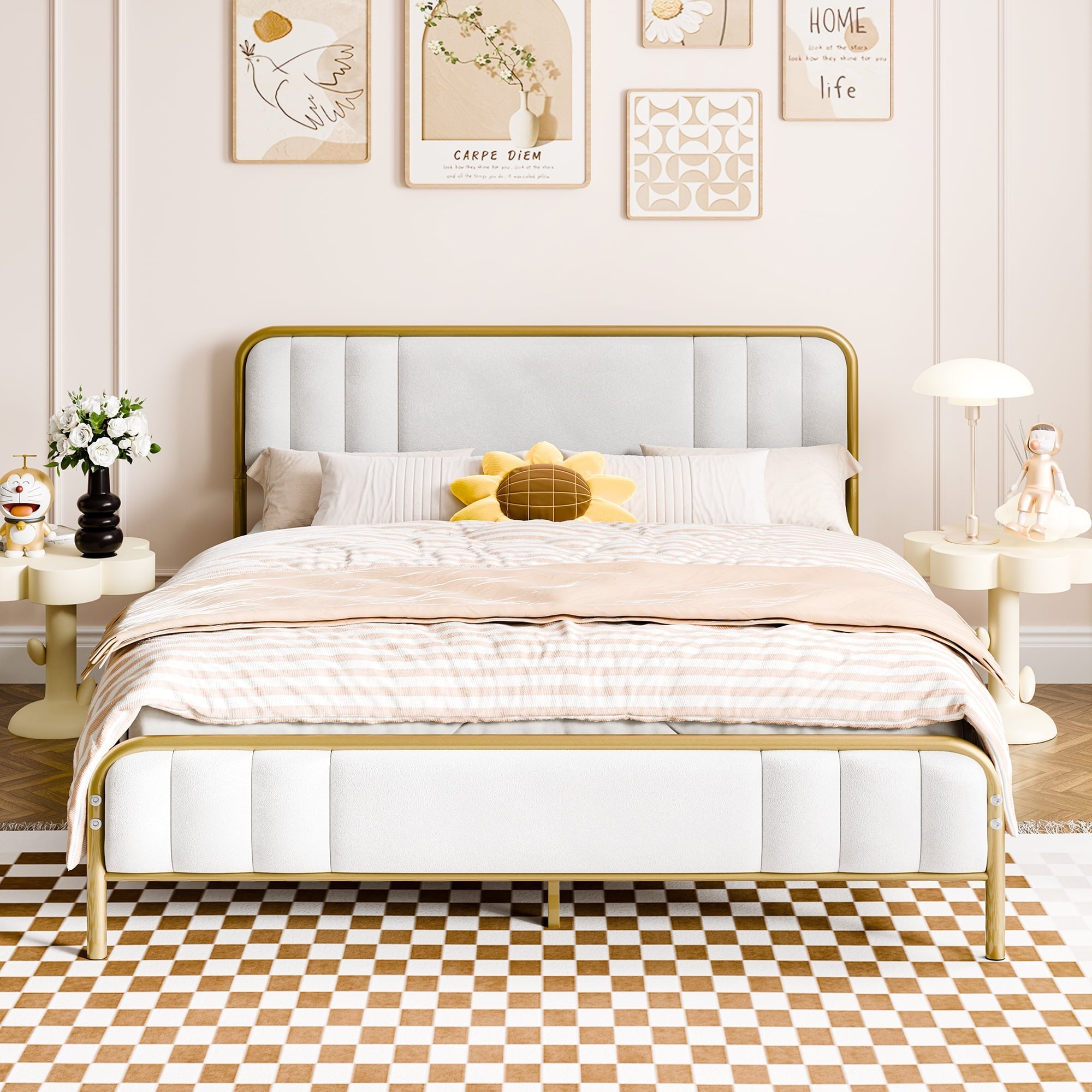 Walsunny Bed Frame with Led Light and 2 Drawers Metal Platform Bed with Button Tufted Headboard Strong Metal Slats (7504175136944)
