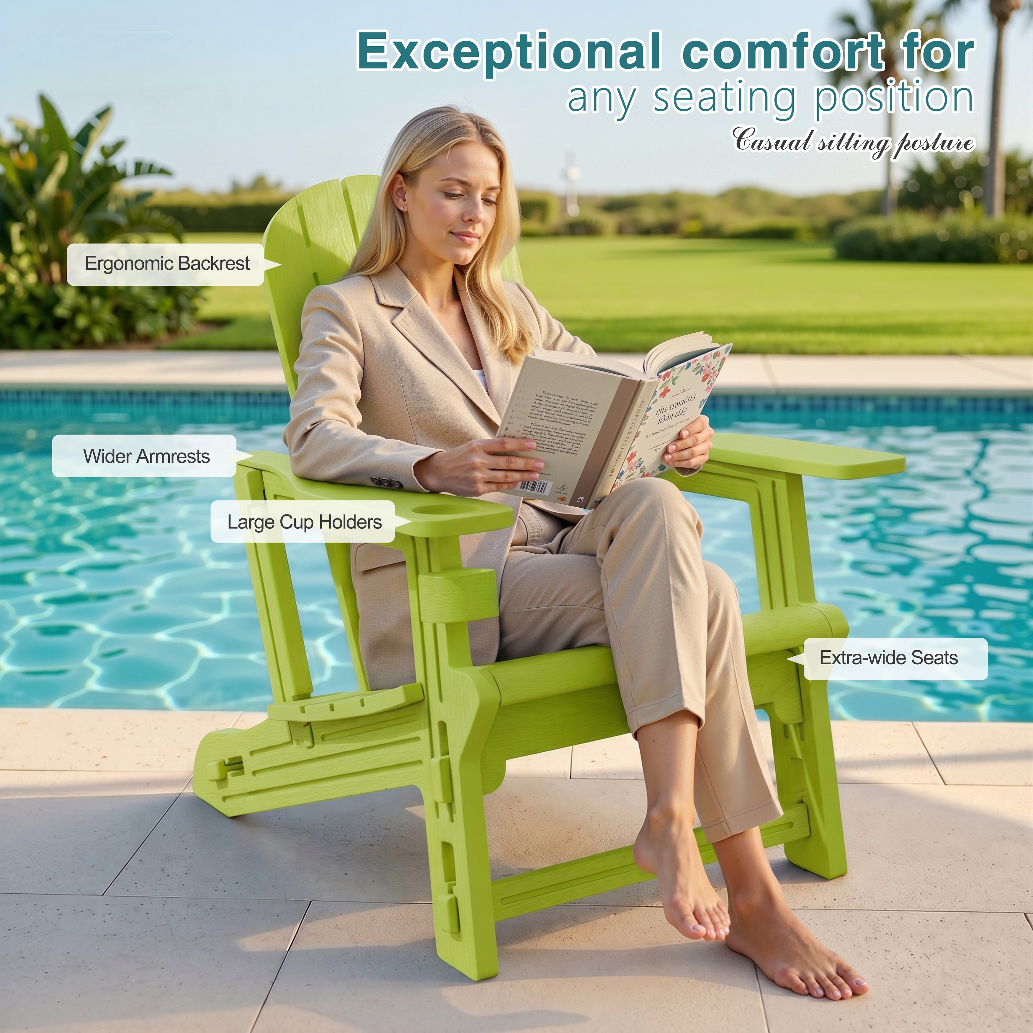 Vongrasig Adirondack Chairs Set of 2 with Removable Tabletop, Outdoor HDPE Plastic Fire Pit Chair Set with Wooden Textured, Cup Holder for Patio, Poolside, Deck, Garden
