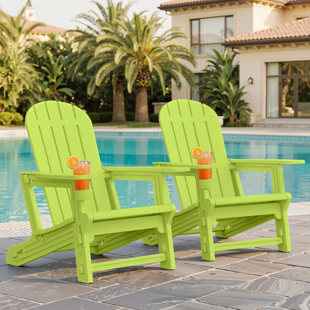 Vongrasig Adirondack Chairs Set of 2 with Removable Tabletop, Outdoor HDPE Plastic Fire Pit Chair Set with Wooden Textured, Cup Holder for Patio, Poolside, Deck, Garden