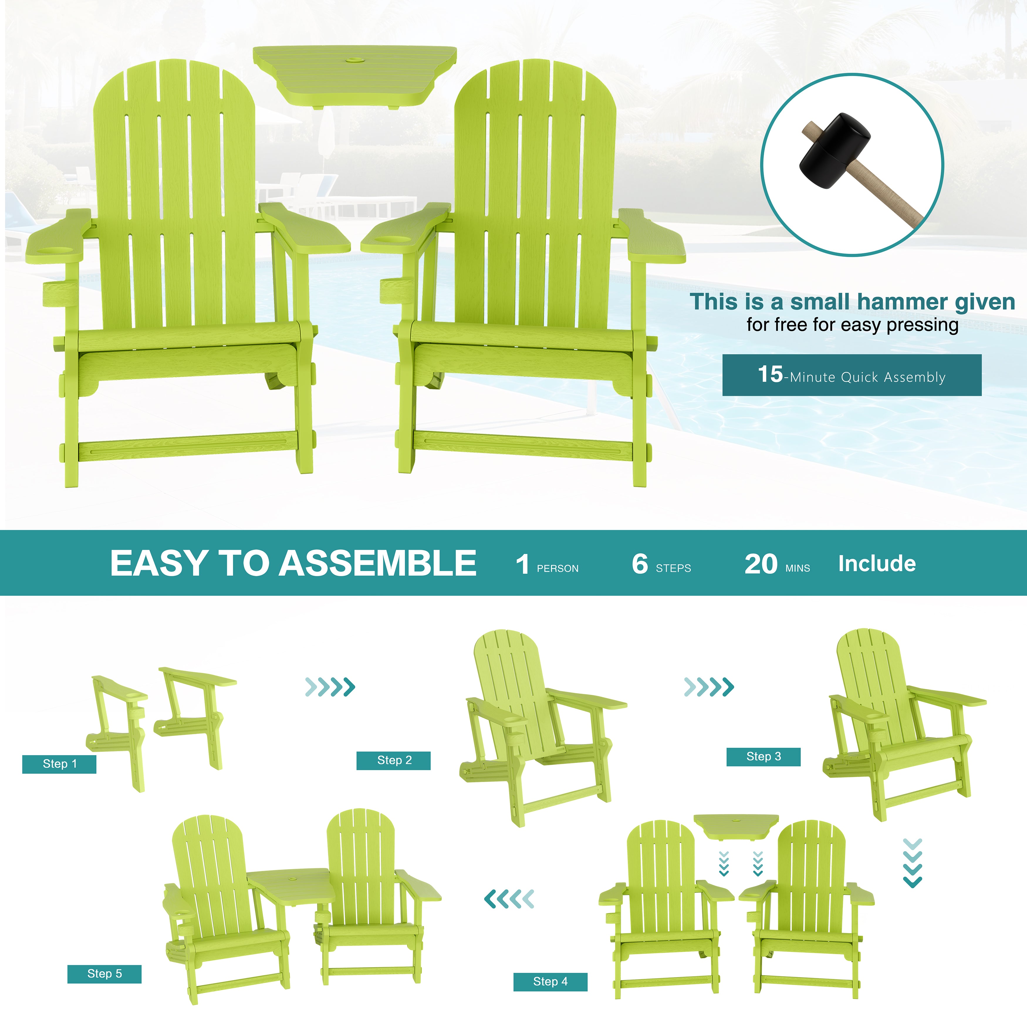 Vongrasig Adirondack Chairs Set of 2 with Removable Tabletop, Outdoor HDPE Plastic Fire Pit Chair Set with Wooden Textured, Cup Holder for Patio, Poolside, Deck, Garden