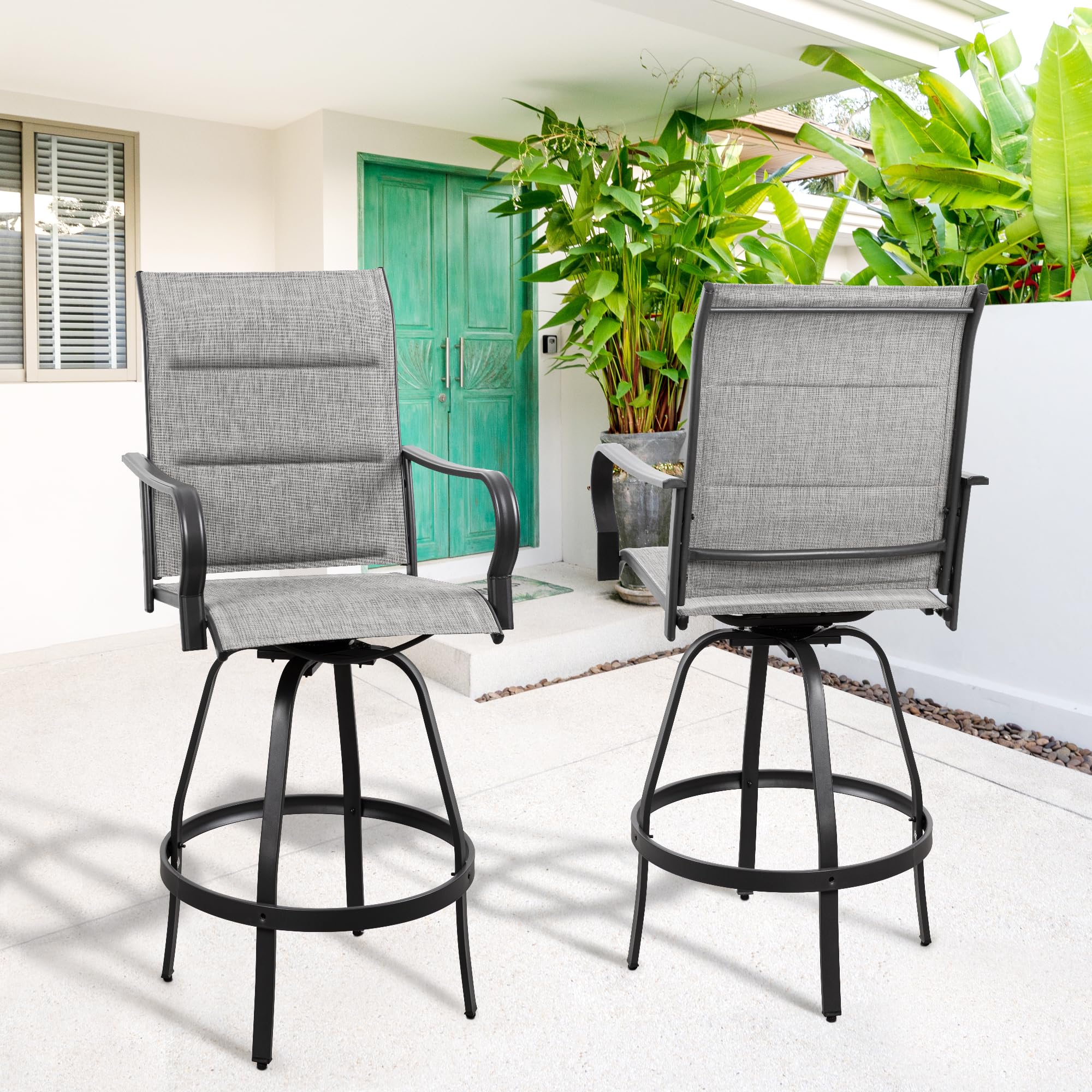Vongrasig 2 Piece Patio Swivel Bar Chairs, All Weather Metal Textile High Swivel Bar Stools Chairs, Outdoor High Top Bistro Set for Backyard, Lawn Garden, Balcony