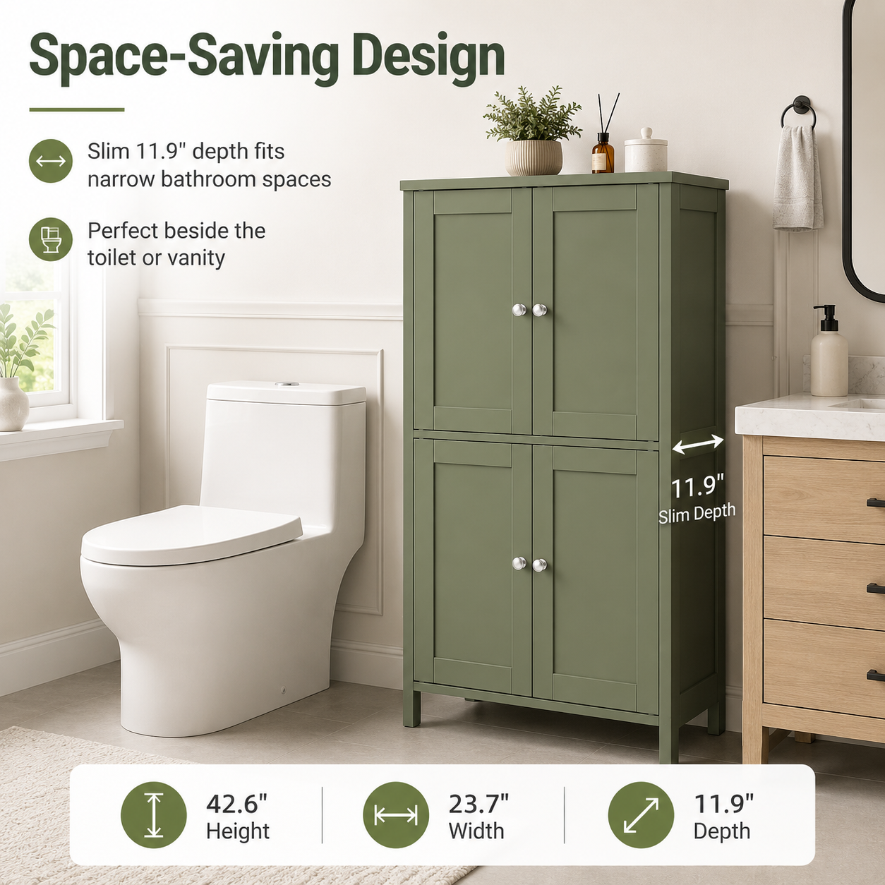 Vongrasig 42.6" Bathroom Storage Cabinet, Modern Floor Cabinet with Doors and Adjustable Shelves, Freestanding Accent Organizer Cupboard for Living Room, Entryway, Kitchen
