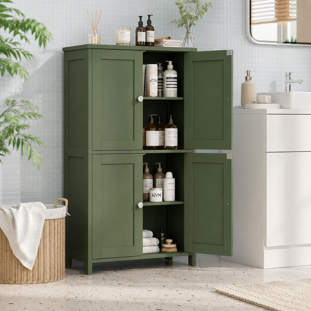 Vongrasig 42.6" Bathroom Storage Cabinet, Modern Floor Cabinet with Doors and Adjustable Shelves, Freestanding Accent Organizer Cupboard for Living Room, Entryway, Kitchen