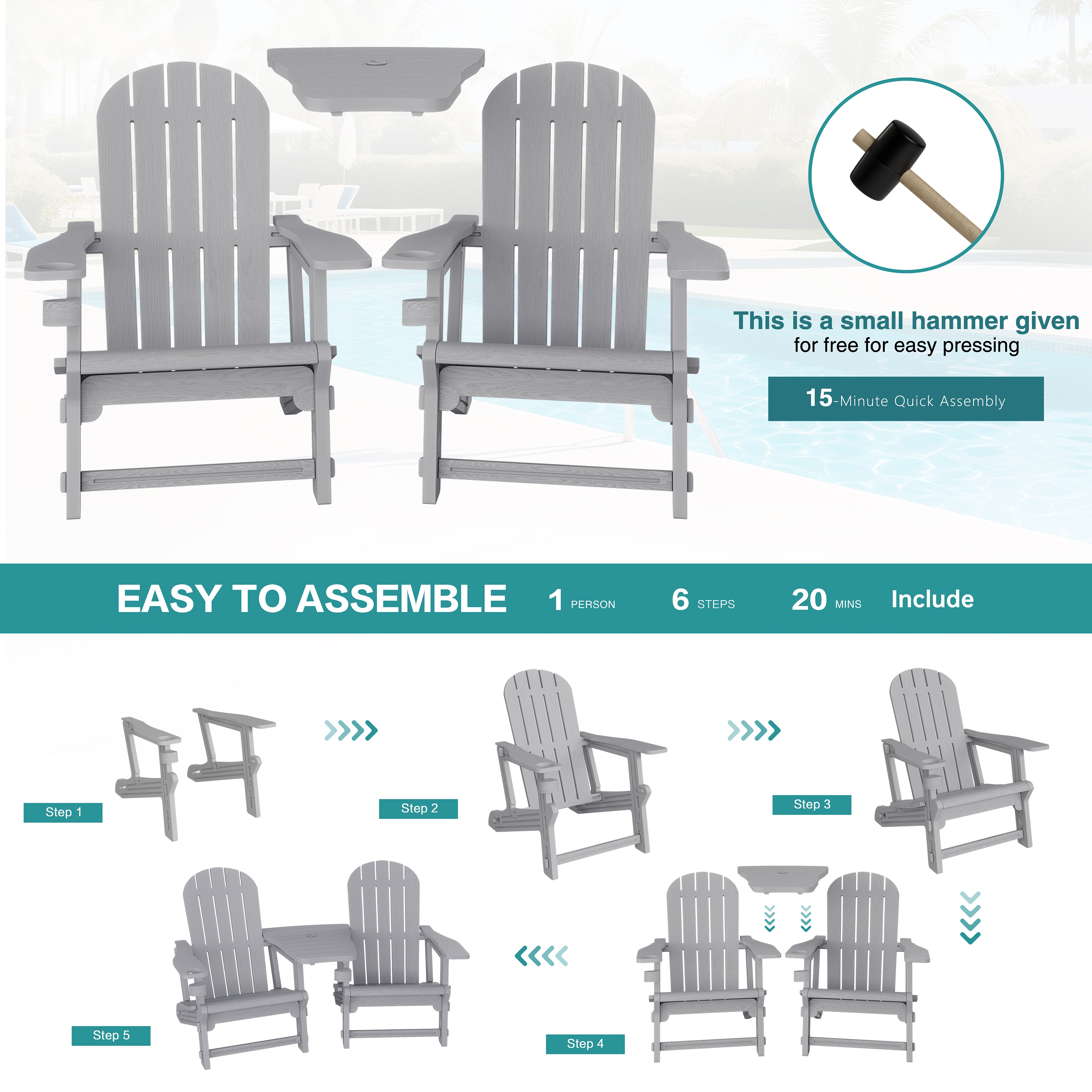 Vongrasig Adirondack Chairs Set of 2 with Removable Tabletop, Outdoor HDPE Plastic Fire Pit Chair Set with Wooden Textured, Cup Holder for Patio, Poolside, Deck, Garden