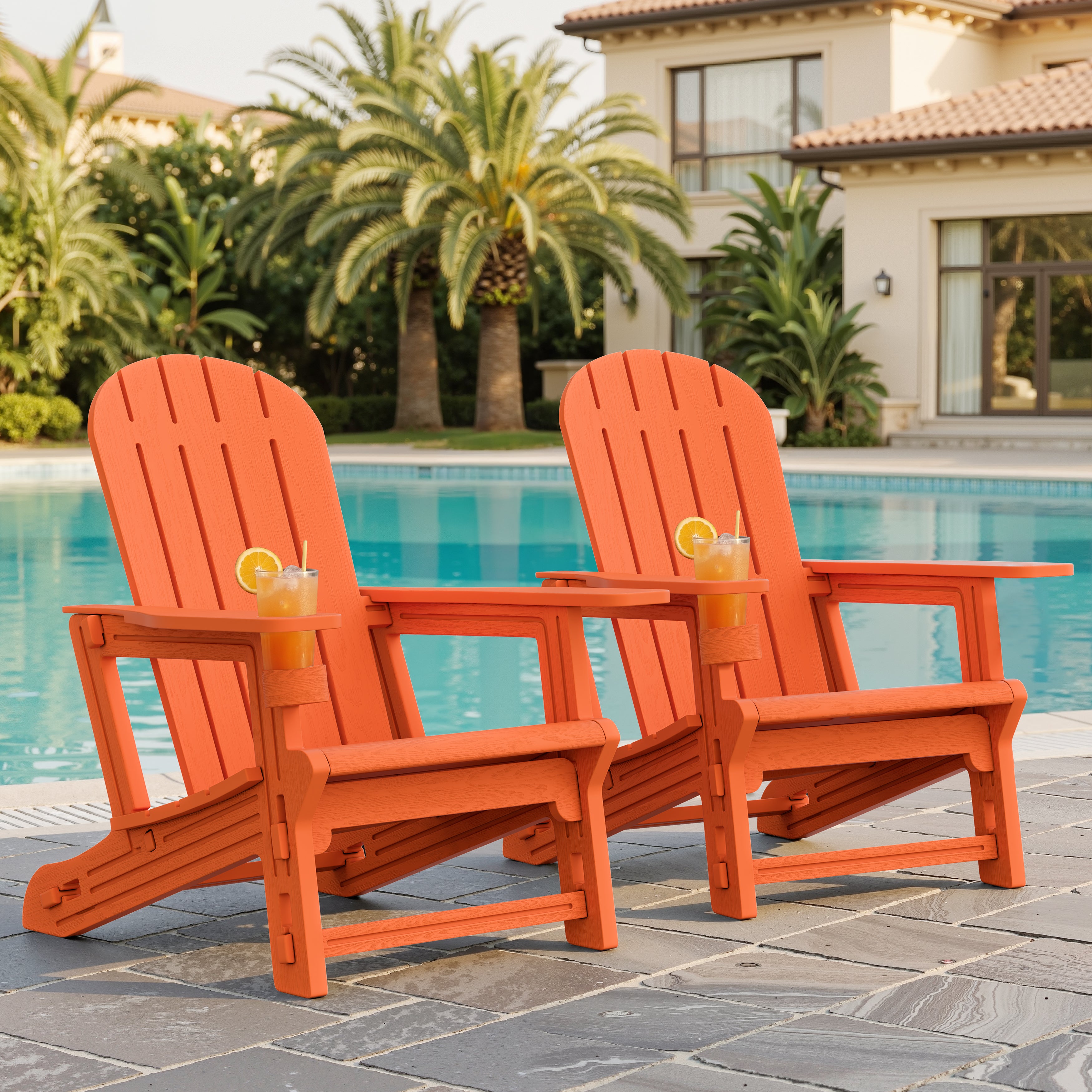 Vongrasig Adirondack Chairs Set of 2 with Removable Tabletop, Outdoor HDPE Plastic Fire Pit Chair Set with Wooden Textured, Cup Holder for Patio, Poolside, Deck, Garden