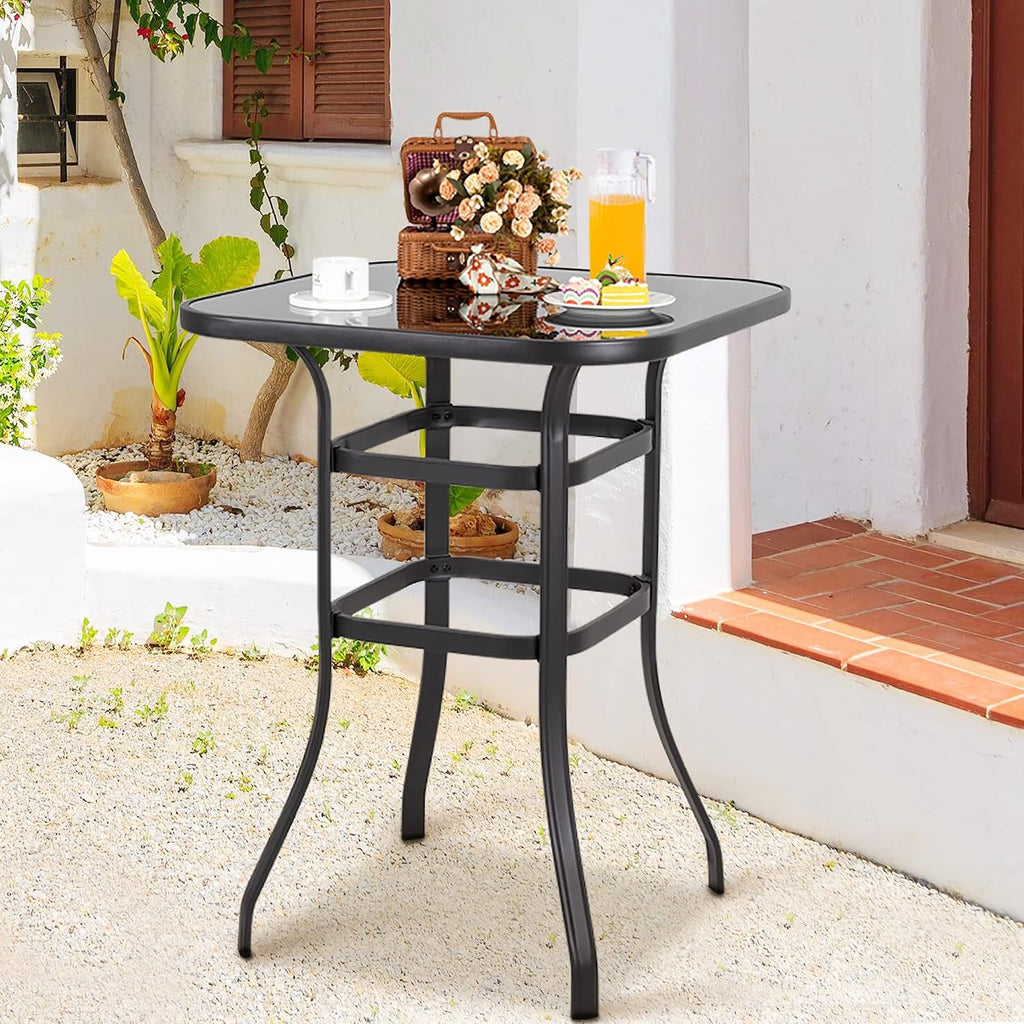 Vongrasig Outdoor Patio Bar Height Table, 31.5" Square Black Tempered Glass Top, 40.2’’ Height High Bistro Table, Steel Frame Patio Furniture for Backyard, Lawn, Balcony, Garden Black
