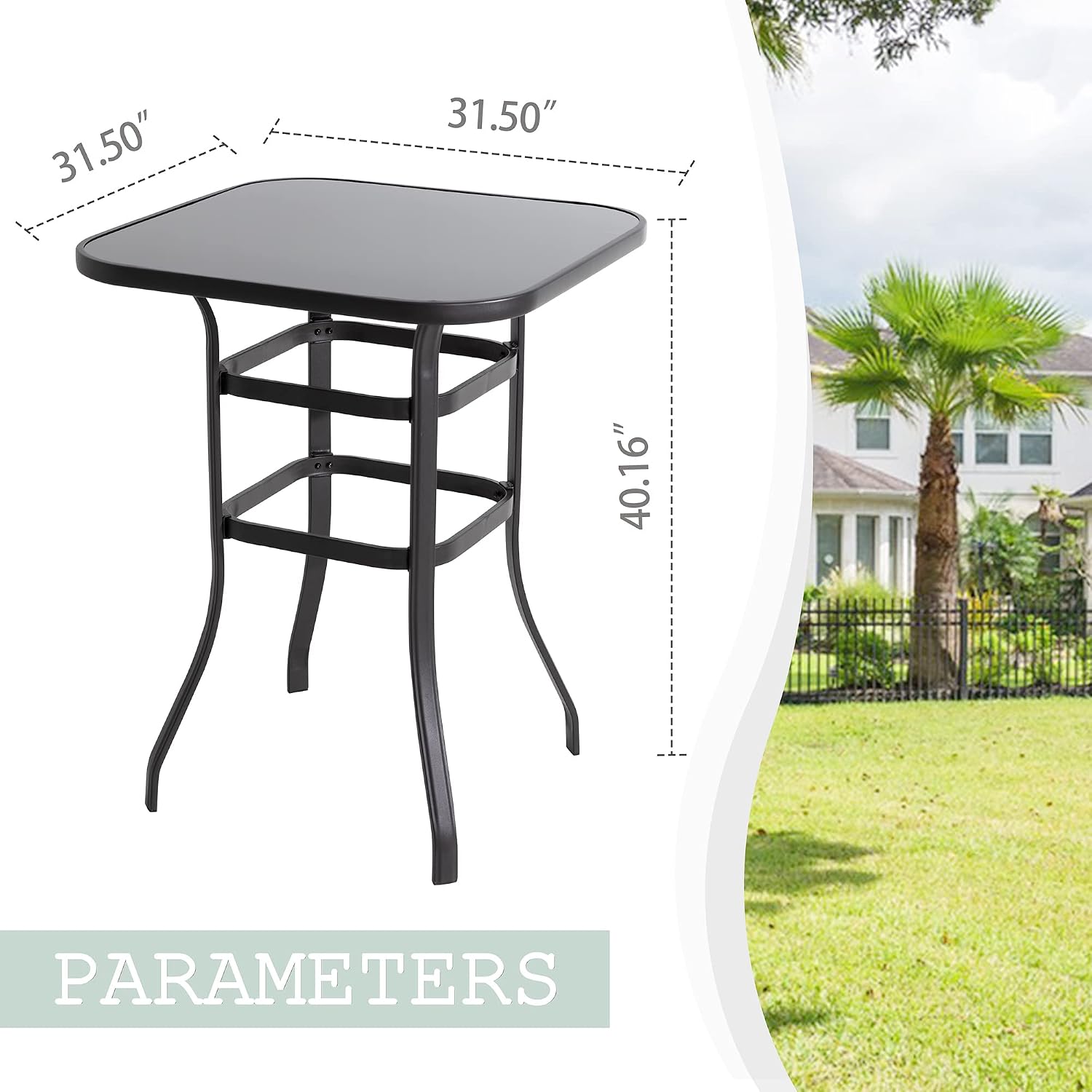 Vongrasig Outdoor Patio Bar Height Table, 31.5" Square Black Tempered Glass Top, 40.2’’ Height High Bistro Table, Steel Frame Patio Furniture for Backyard, Lawn, Balcony, Garden Black