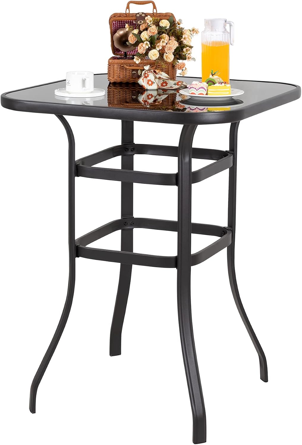Vongrasig Outdoor Patio Bar Height Table, 31.5" Square Black Tempered Glass Top, 40.2’’ Height High Bistro Table, Steel Frame Patio Furniture for Backyard, Lawn, Balcony, Garden Black