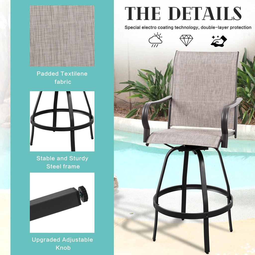 Vongrasig 2 Piece Patio Swivel Bar Chairs, All Weather Metal Textile High Swivel Bar Stools Chairs, Outdoor High Top Bistro Set for Backyard, Lawn Garden, Balcony