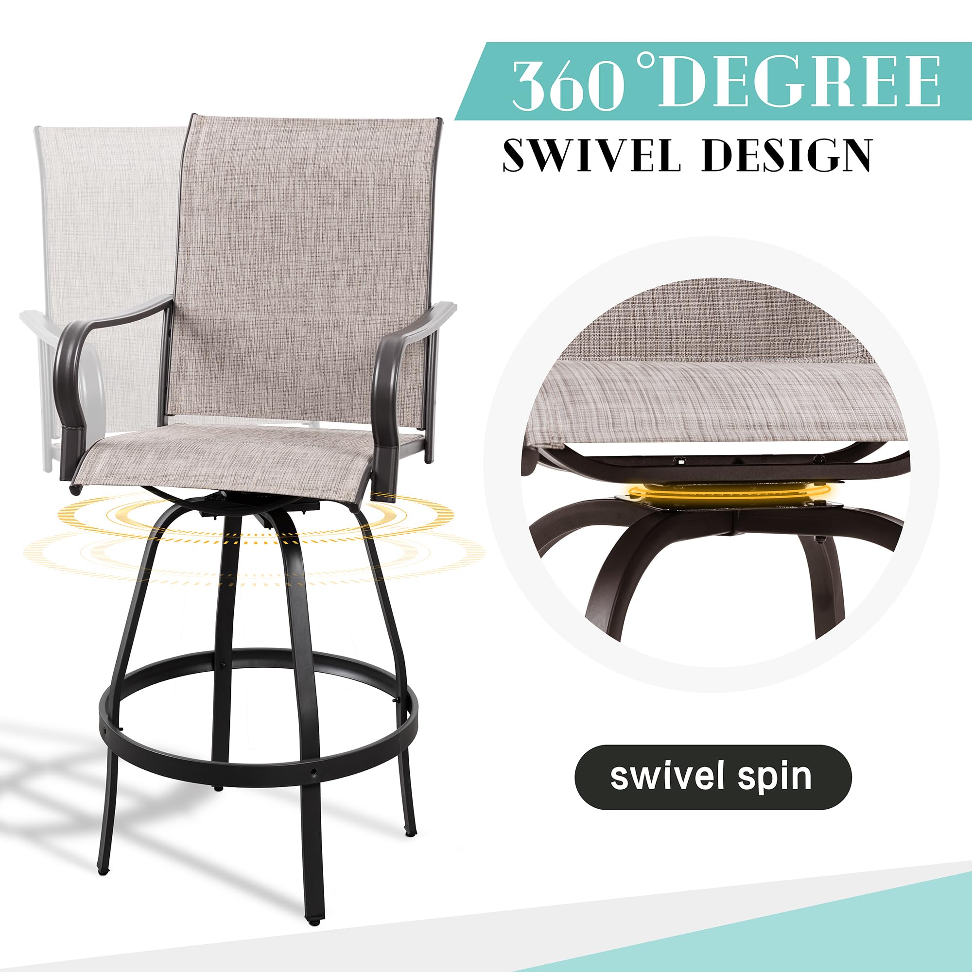 Vongrasig 2 Piece Patio Swivel Bar Chairs, All Weather Metal Textile High Swivel Bar Stools Chairs, Outdoor High Top Bistro Set for Backyard, Lawn Garden, Balcony