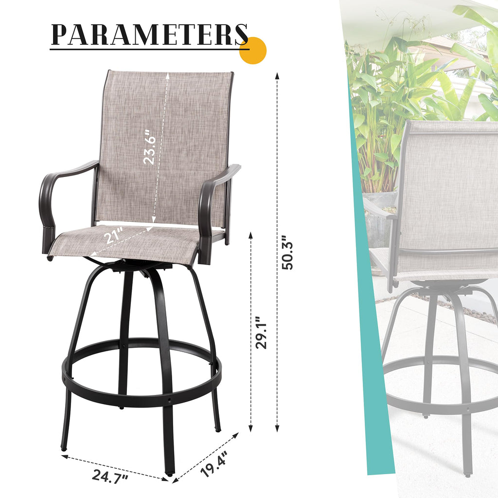 Vongrasig 2 Piece Patio Swivel Bar Chairs, All Weather Metal Textile High Swivel Bar Stools Chairs, Outdoor High Top Bistro Set for Backyard, Lawn Garden, Balcony