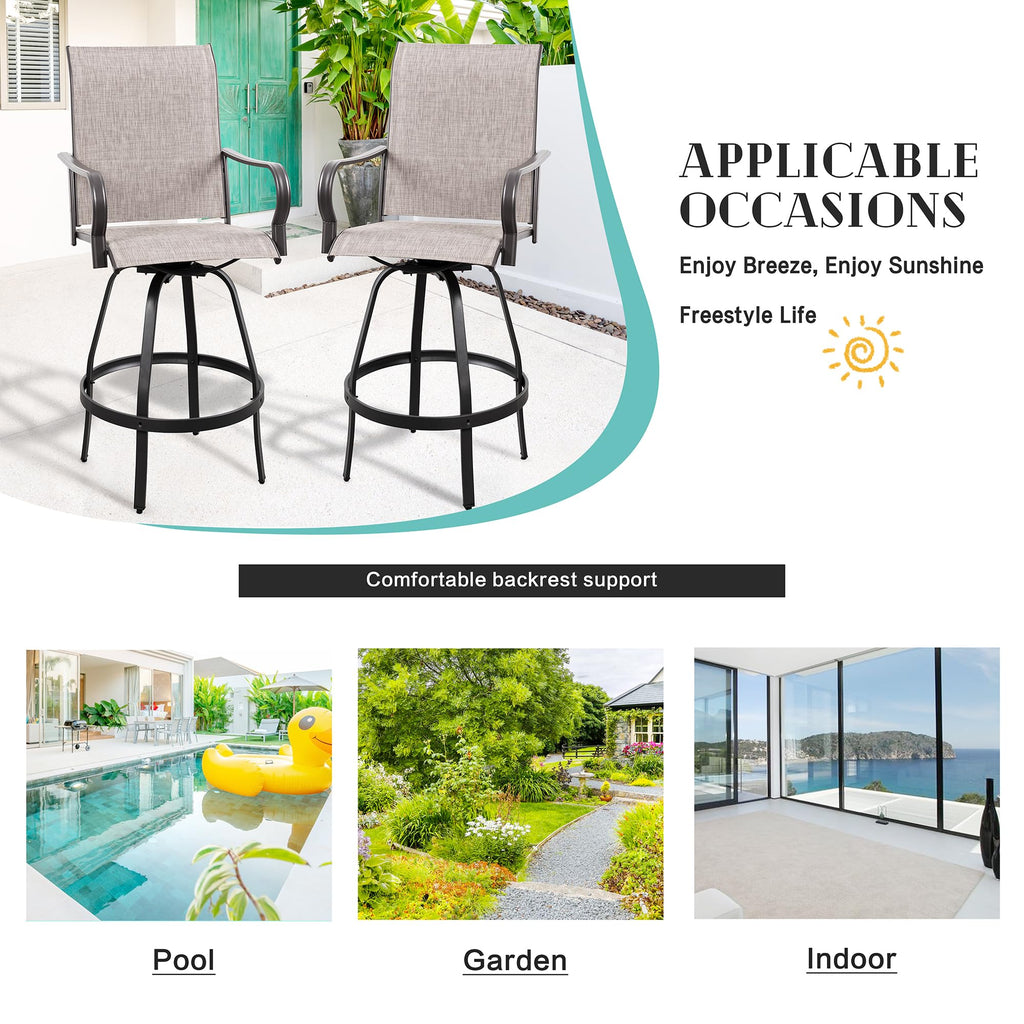 Vongrasig 2 Piece Patio Swivel Bar Chairs, All Weather Metal Textile High Swivel Bar Stools Chairs, Outdoor High Top Bistro Set for Backyard, Lawn Garden, Balcony