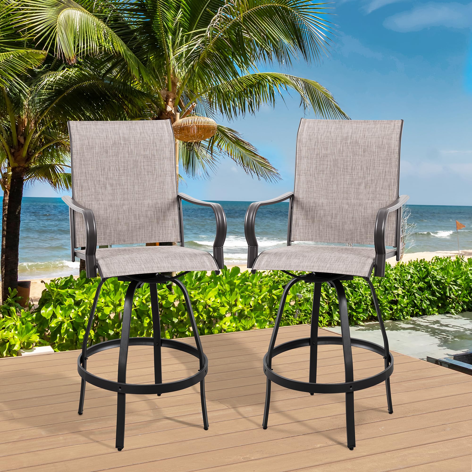Vongrasig 2 Piece Patio Swivel Bar Chairs, All Weather Metal Textile High Swivel Bar Stools Chairs, Outdoor High Top Bistro Set for Backyard, Lawn Garden, Balcony