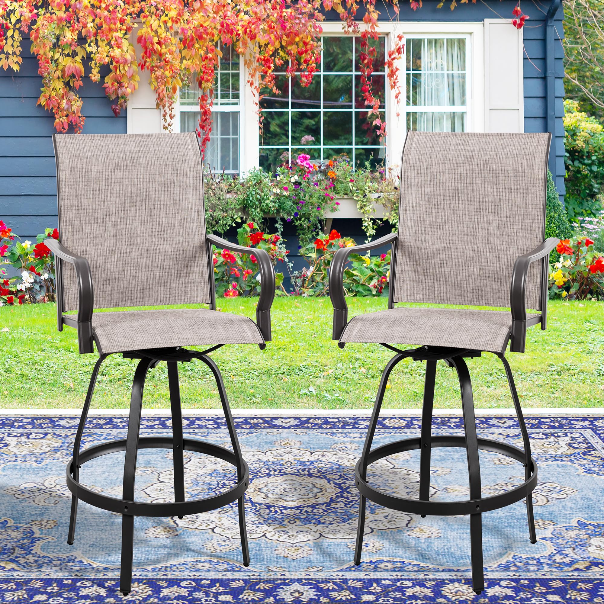 Vongrasig 2 Piece Patio Swivel Bar Chairs, All Weather Metal Textile High Swivel Bar Stools Chairs, Outdoor High Top Bistro Set for Backyard, Lawn Garden, Balcony