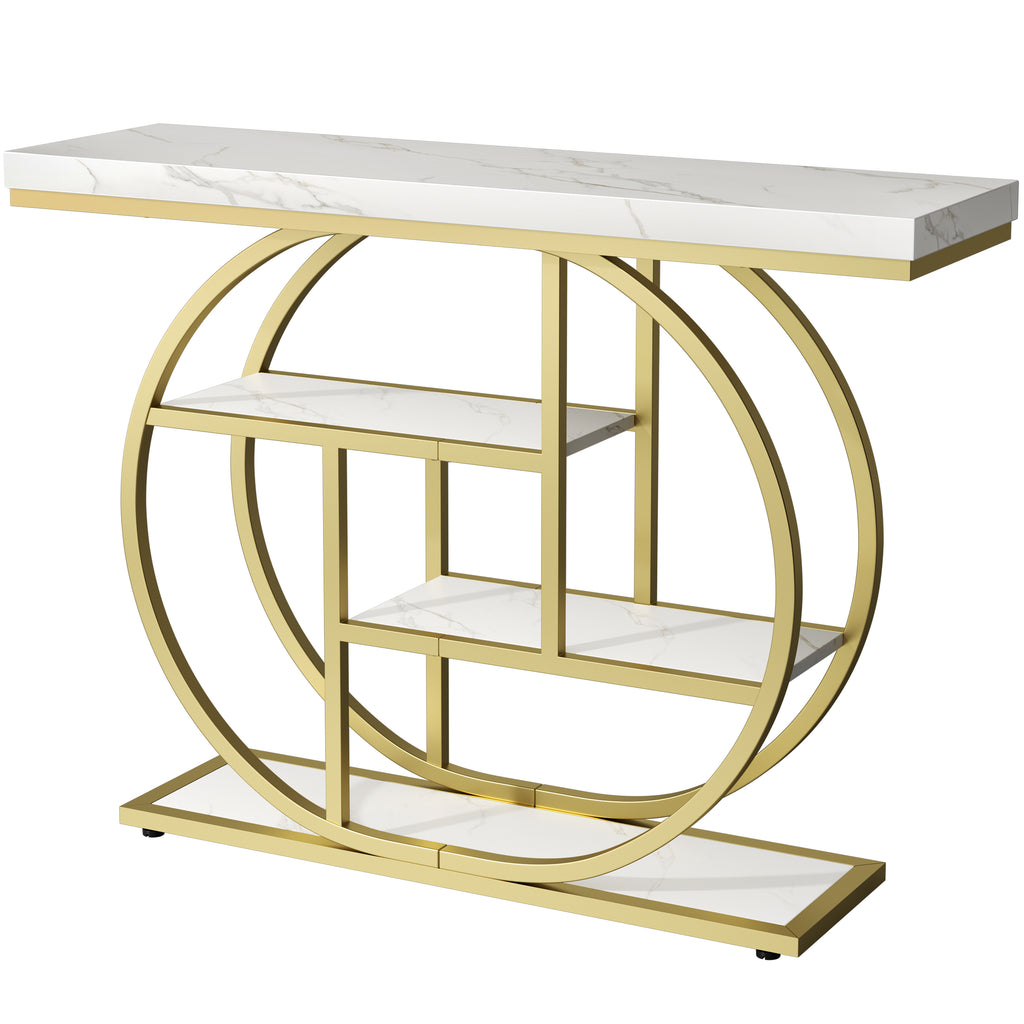 Vongrasig Console Table with Circle Base, Industrial Narrow Entryway Table with Storage, 4-Tier Wood Sofa Table for Living Room, Hallway