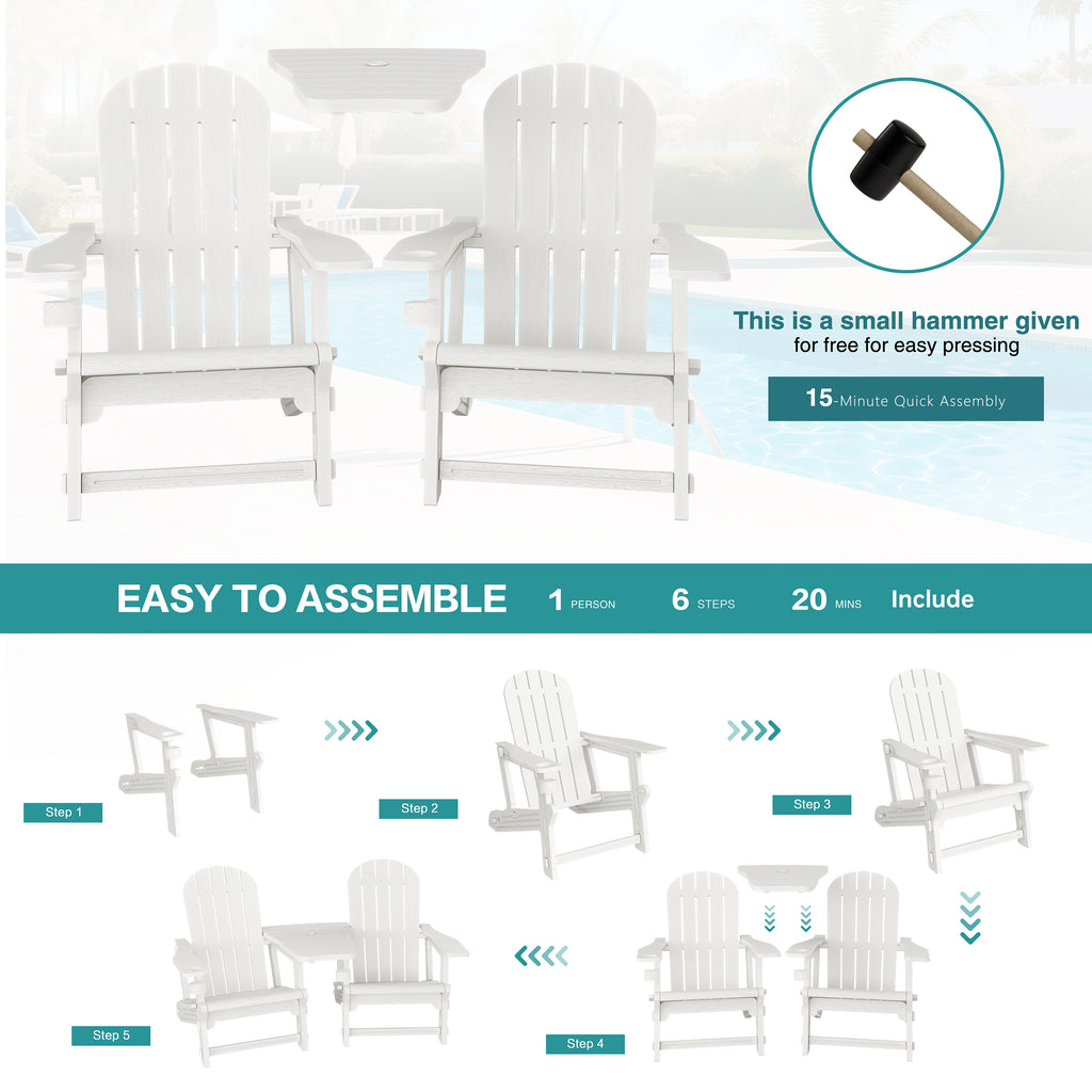 Vongrasig Adirondack Chairs Set of 2 with Removable Tabletop, Outdoor HDPE Plastic Fire Pit Chair Set with Wooden Textured, Cup Holder for Patio, Poolside, Deck, Garden