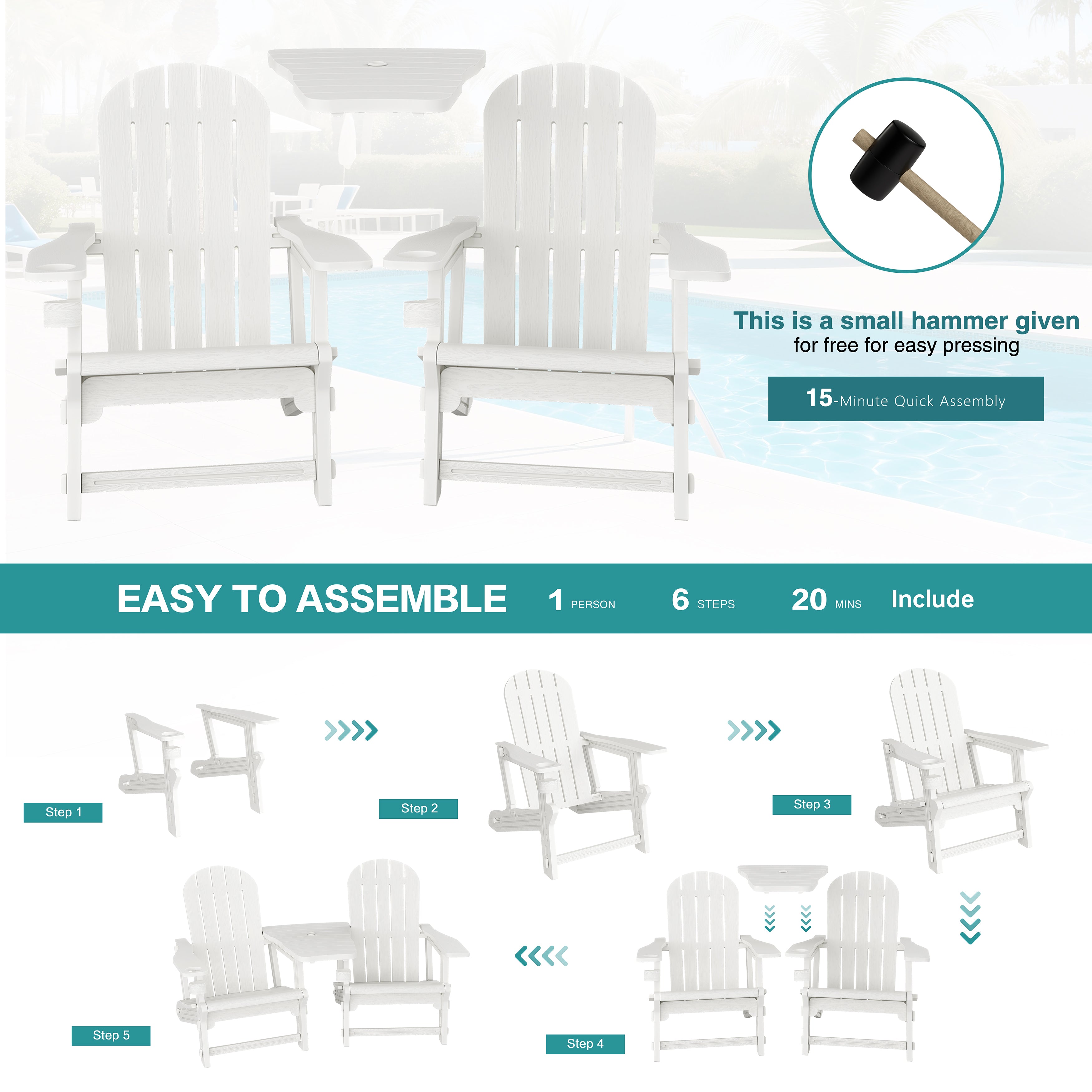 Vongrasig Adirondack Chairs Set of 2 with Removable Tabletop, Outdoor HDPE Plastic Fire Pit Chair Set with Wooden Textured, Cup Holder for Patio, Poolside, Deck, Garden