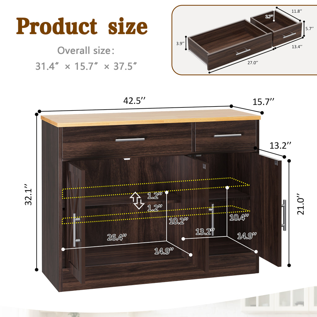 Vongrasig 43” Coffee Bar Cabinet, Farmhouse Buffet Cabinet with Storage, Sideboard Buffet with Drawers and Shelves for Kitchen