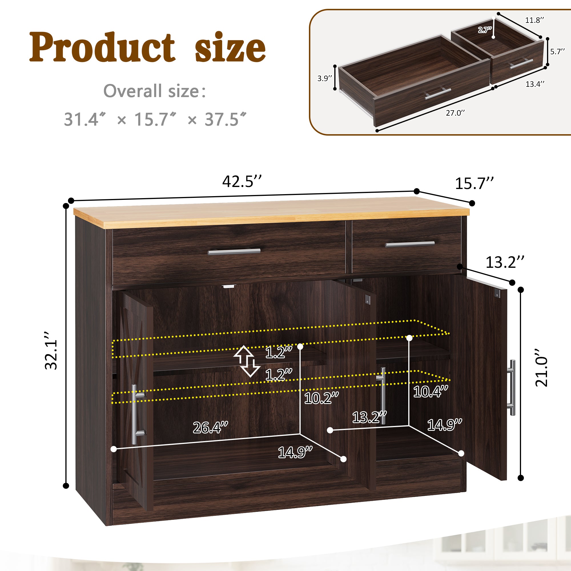 Vongrasig 43” Coffee Bar Cabinet, Farmhouse Buffet Cabinet with Storage, Sideboard Buffet with Drawers and Shelves for Kitchen